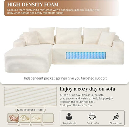 108" L Shaped Cloud Boneless Sectional Couches for Living Room, Modern Comfy Modular Deep Seat Memory Foam Compressed Corduroy Sofa Oversized Left Facing Chaise, No Assembly Required, White