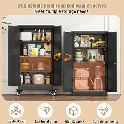 47" H Metal Pantry Storage Cabinet with Wheels,Rolling Kitchen Pantry Cabinet with 2 Doors and 3 Adjustable Shelves, Locker Steel Cabinet,Organization Cabinet for Garage,Home,Gym,School,Black