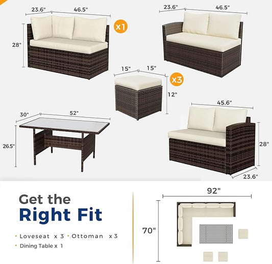 Wisteria Lane 7 Piece Patio Furniture Set, Wicker Patio Sectional with Wide Armrest, All Weather Outdoor Dining Set, Outdoor Furniture Patio Conversation Set with Ottoman, Brown