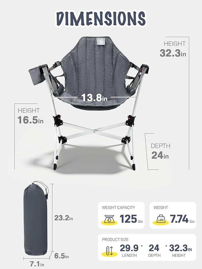 EVER ADVANCED Kids Hammock Chair Foldable, Kids Camping Chair with Stand Portable, Hammock Swing Chair with Cup Holder, Child Camping Gear Carry Bag for Traveling Outdoor Patio Supports 125LBS Grey