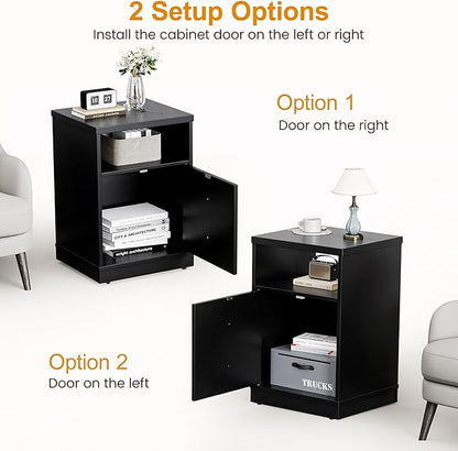 RoyalCraft Black Nightstand Set of 2, Small End Table with Storage Shelf and Door, Faux Two-Drawer Design Side Table, Modern Night Stand for Bedroom Dorm, Wood Beside Table for Small Spaces
