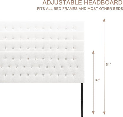 Tufted Upholstered Headboard Full Size, Adjustable Height 37- 51 in, White | Sturdy and Durable Solid Wood Full XL Headboard, Fabric Full Headboard Only, Modern Button Diamond Design Head Board