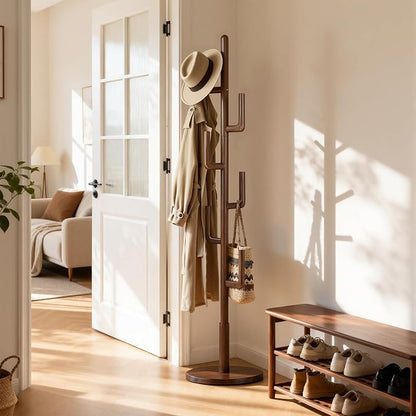 Coat Rack,Solid Wood Cactus Freestanding Coat RackWith 6 L-Shaped Hooks and 3 Adjustable Sizes,Coat Tree for Bedroom, Entryway, Livingroom, Coat Hanger Stand for Coats, Handbags (Walnut)