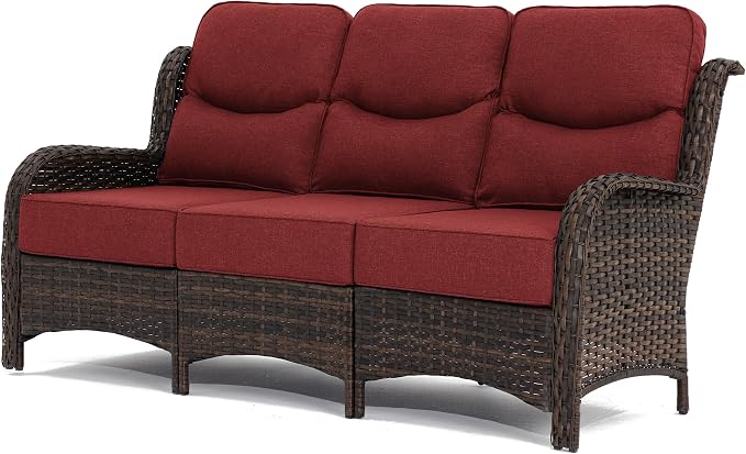 HILLGA Luxury Outdoor Furniture High Back Patio Sofa, Oversized 3-Seater Couch with 6'' Thick Cushions, Ideal for Porch, Poolside, Deck, and Yard (Burgundy)