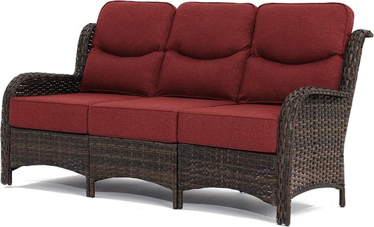 HILLGA Luxury Outdoor Furniture High Back Patio Sofa, Oversized 3-Seater Couch with 6'' Thick Cushions, Ideal for Porch, Poolside, Deck, and Yard (Burgundy)