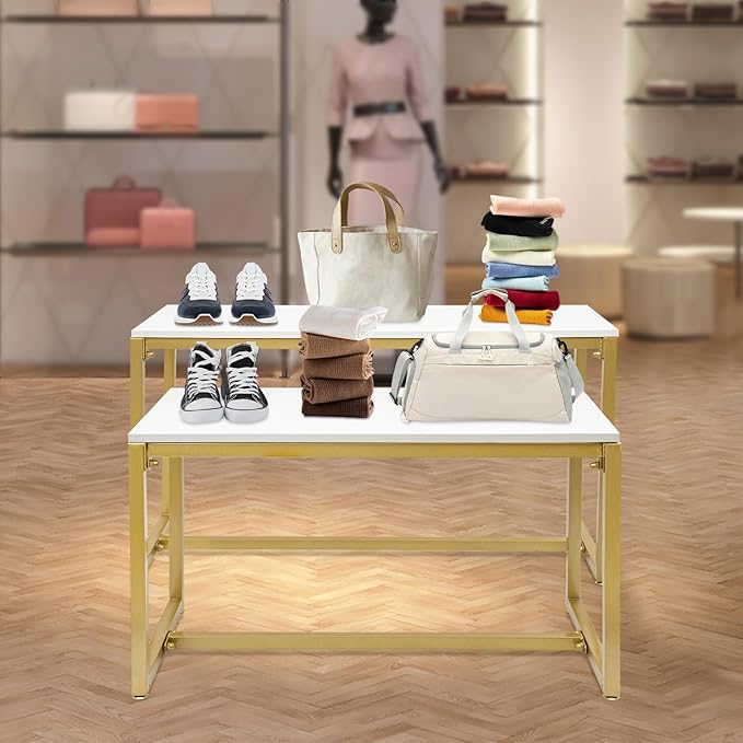 2-Piece Set Gold Modern Nesting Tables, Metal Shoe Handbag Retail Display Racks, Metal Display Riser Shelf for Shoes, Handbags, Home, Clothing Shops, Retail Stores