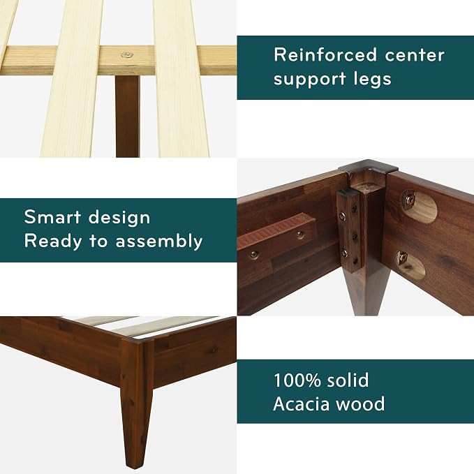 Acacia Mervyn Queen Bed Frame Solid Wood Platform Bed, 800 lbs Capacity Signature Mid Century Wood Bed Compatible with All Mattress Types, 30 Mins Assembly, Bed Frame Queen Size, Chocolate