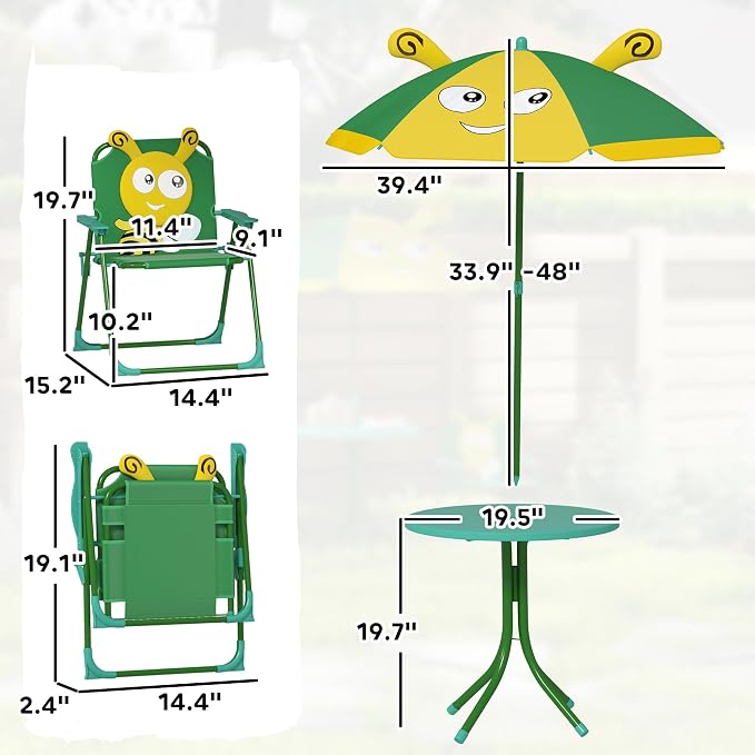 Qaba Kids Picnic Table and Chair Set, Outdoor Activity Table with Foldable Chairs, Removable Umbrella, Bee Pattern Toddler Patio Furniture for Backyard, Garden, Green