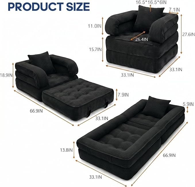 Convertible Sleeper Chair, Folding Sofa Bed with Armrests, Foldable Boneless Bed, 3-in-1 Portable Corduroy Futon Couch Floor Sofa with Pillow for Bedroom, Living Room, Black