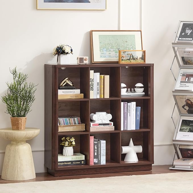 Joaxswe 9 Cube Bookshelf, 40.5" Wide Organizer Bookcase with Curved Edge, Wood Floor Standing 3-Tier Cubby Book Shelf with Base, Vintage Display Storage Cabinet for Living Room, Home Office, Walnut