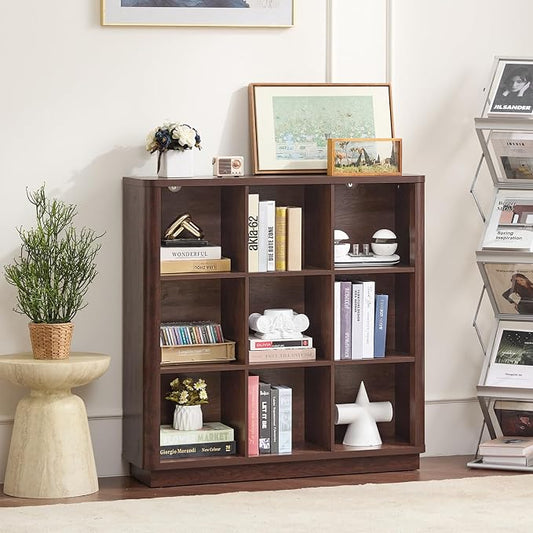 Joaxswe 9 Cube Bookshelf, 40.5" Wide Organizer Bookcase with Curved Edge, Wood Floor Standing 3-Tier Cubby Book Shelf with Base, Vintage Display Storage Cabinet for Living Room, Home Office, Walnut
