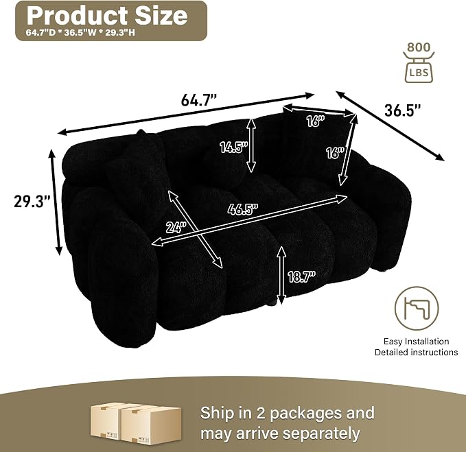 Wrofly Boucle Sofa Couch, 64.7" Modern Tufted Upholstered 2 Seater Loveseat Sofa with 3 Pillows, Comfy Deep Seat Cloud Couch, Small Love Seat for Living Room Apartment, Black