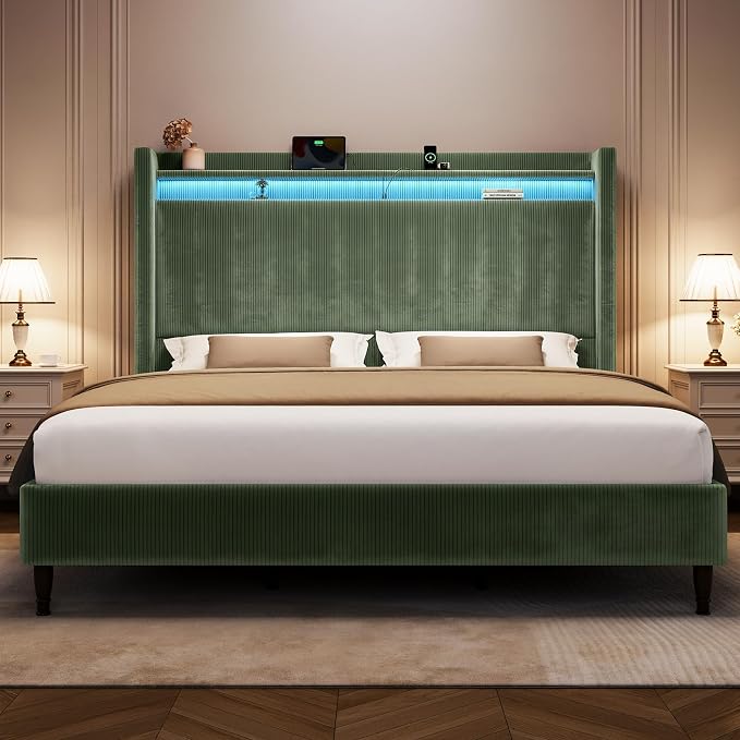 King Size Bed Frame with Tall Headboard, 55.3" Upholstered Platform King Bedframe with Wingback Storage Headboard, Charging Station & LED Lights, No Box Spring Needed, Wooden Slats, Corduroy, Green