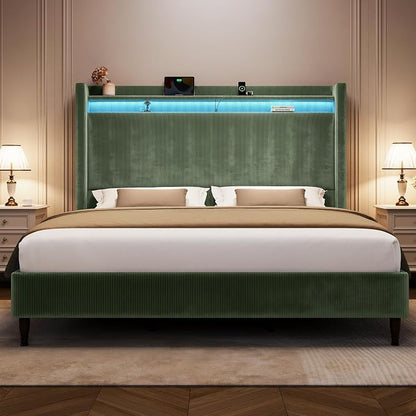 King Size Bed Frame with Tall Headboard, 55.3" Upholstered Platform King Bedframe with Wingback Storage Headboard, Charging Station & LED Lights, No Box Spring Needed, Wooden Slats, Corduroy, Green