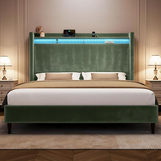 King Size Bed Frame with Tall Headboard, 55.3" Upholstered Platform King Bedframe with Wingback Storage Headboard, Charging Station & LED Lights, No Box Spring Needed, Wooden Slats, Corduroy, Green