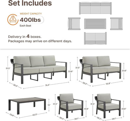 KISLOT Aluminum Outdoor Patio Furniture Set with Coffee Table,6 Seater Patio Conversation Sets with Washable Thick Cushions,Outdoor Sectional Furniture Set for Poolside, Balcony,Gray Aluminum Frame