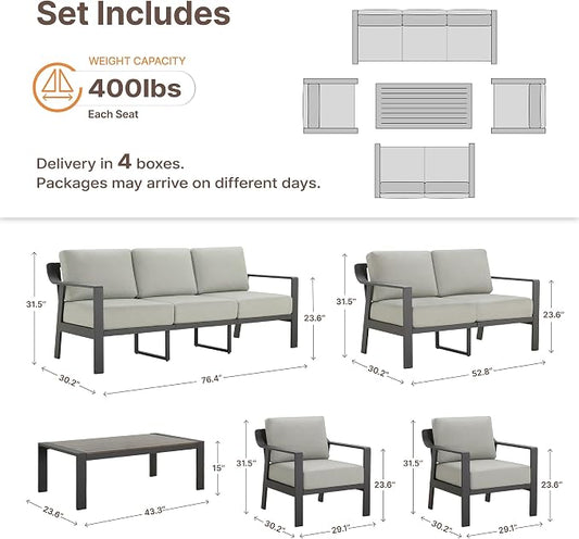 KISLOT Aluminum Outdoor Patio Furniture Set with Coffee Table,6 Seater Patio Conversation Sets with Washable Thick Cushions,Outdoor Sectional Furniture Set for Poolside, Balcony,Gray Aluminum Frame
