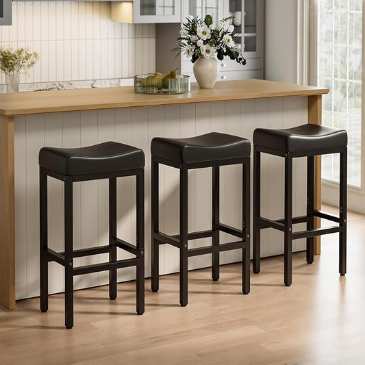 Bar Stools Set of 3-24 Inch Counter Height Chairs for Kitchen Island, Leather Seat with 400 LBS Heavy-Duty Metal Frame and Adjustable Feet, Easy to Assemble for Bar, Café or Dining Room,Black