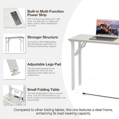 TEMI Small Computer Desk Folding Table - No Assembly, Compact 35.8" Foldable Desk with Power Outlets & USB Charging Port, Portable Small Office Desk, Ideal Mini Study Table for Narrow Spaces,White Ash