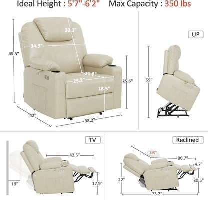 MCombo Oversized Power Lift Recliner Chair for Elderly, Lift Chair with Heat and Massage for Big and Tall, USB&Type C Ports, Cup Holders, Faux Leather R7510 (Cream White, Large-Wide)
