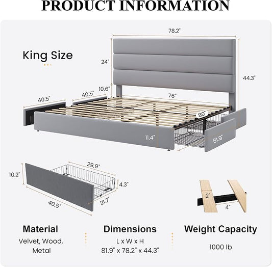 SHA CERLIN King Size Platform Bed Frame with 4 Storage Drawers, Velvet Upholstered Headboard, Mattress Foundation with Wooden Slats Support, No Box Spring Needed, Easy Assembly, Grey