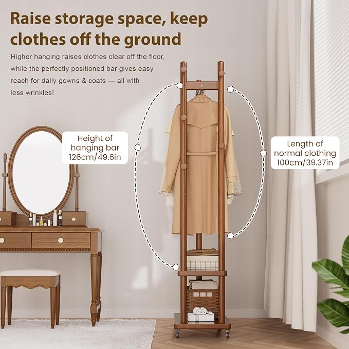 Taitiy Coat Rack Freestanding Clothing Rack with Wheels, Coat Tree Freestanding Heavy Duty with 2 Storage Shelves and 5 Hooks, Wood Garment Rack for Corner Bedroom Hallway Entryway Living Room Hotel