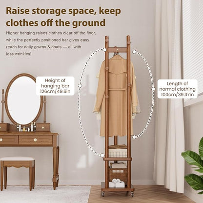 Taitiy Coat Rack Freestanding Clothing Rack with Wheels, Coat Tree Freestanding Heavy Duty with 2 Storage Shelves and 5 Hooks, Wood Garment Rack for Corner Bedroom Hallway Entryway Living Room Hotel