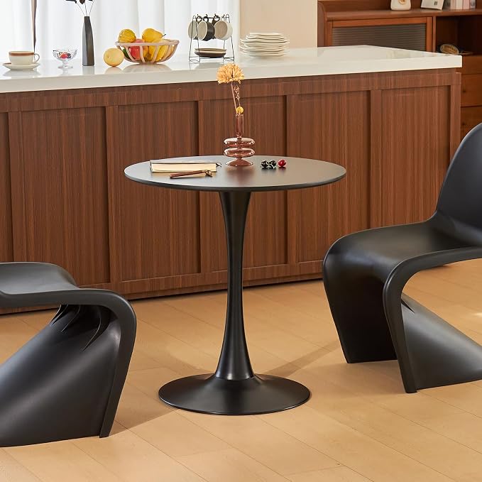 Round Dining Table, 27.6" Circle Tulip Table with Thickened Tabletop & Metal Pedestal, Mid Century Modern Bistro Table for Kitchen, Small Places, Living Room, Cafe (Black)