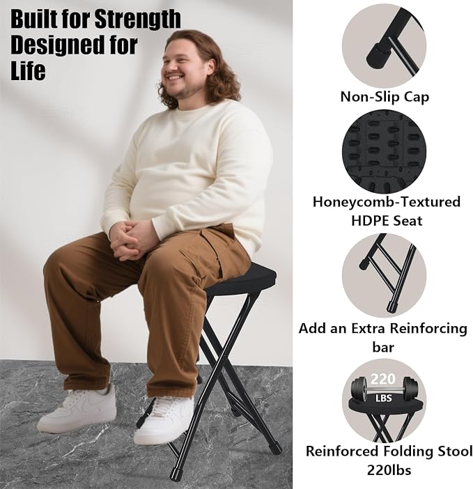 Folding Stool with Handle, Pack of 2 Folding Bar Stool with Non-Slip Feet, 18 Inch Foldable Stool for Camping, Indoor and Outdoor Stools, Black