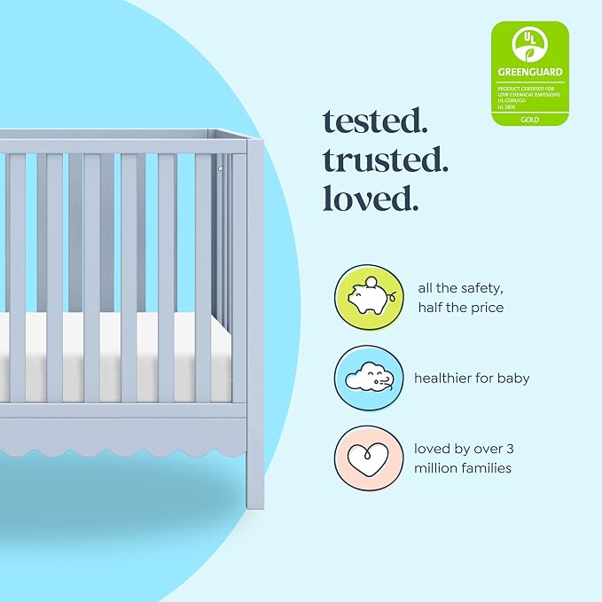 Davinci Sammy Scallop 4-in-1 Baby Crib & Mattress Bundle - Powder Blue | Low-Profile Crib Convertible to Toddler Bed, Daybed, Full Bed - Easy to Assemble - Includes Mattress w/ Waterproof Cover