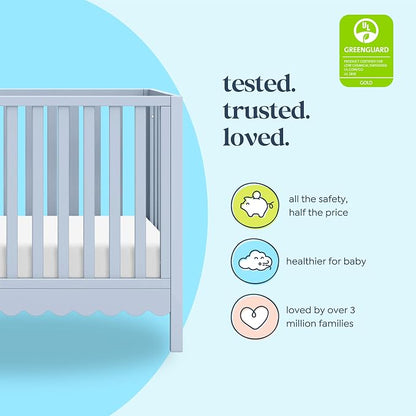 Davinci Sammy Scallop 4-in-1 Baby Crib & Mattress Bundle - Powder Blue | Low-Profile Crib Convertible to Toddler Bed, Daybed, Full Bed - Easy to Assemble - Includes Mattress w/ Waterproof Cover