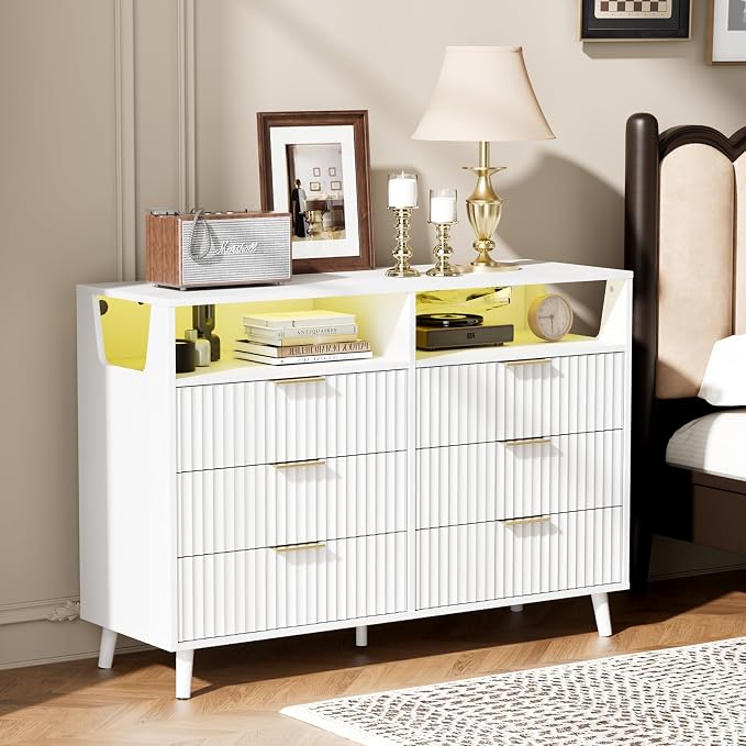 VINGLI Fluted White Dresser, Led Dresser 6 Drawer, White Wood Bedroom Dressers TV Stand, Modern, 47" W*15.75" D*33" H