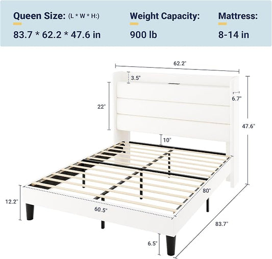 Allewie Queen Size Upholstered Bed Frame with Charging Station & Storage Headboard, Soft Velvet Wingback Platform Bed, Strong Wooden Slats Support, No Box Spring Needed, Easy Assembly, White