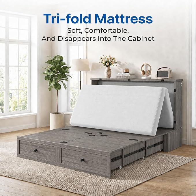 Mjkone 63" W Queen Size Murphy Bed Cabinet with Mattress Include, Modern Guest Cabinet Beds with USB Charging Station, Chest Cabinets Bed with Storage Drawer for Bedroom Home Office, Grey