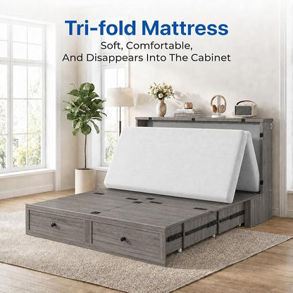Mjkone 63" W Queen Size Murphy Bed Cabinet with Mattress Include, Modern Guest Cabinet Beds with USB Charging Station, Chest Cabinets Bed with Storage Drawer for Bedroom Home Office, Grey