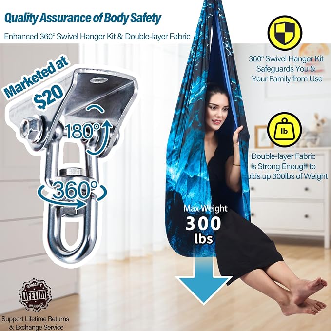 Sensory Swing for Kids & Adults Holds up to 300lbs Indoor & Outdoor Double Layer Therapy Cuddle Swing with 360° Swivel Hanger Kit for Calming, Effect for Autism, ADHD or SPD. (Ice Teal)