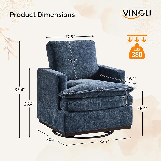 VINGLI 360°Swivel Mid-Century Modern Accent Armchairs Set of 2 with Double-Layer Seat Cushions, Comfy Single Square Sofa, Upholstered Club Chairs for Living Room,Bedroom, Reading Room, Chenille Blue