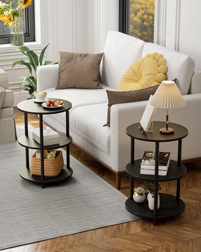 XBurmo Small Round End Table - 3 Tier Design Accent Table, Narrow Side or Bedside Stand, Industrial Vintage Nightstand for Bedroom, Living Room, or Small Spaces, Set of 2, Charcoal Wenge
