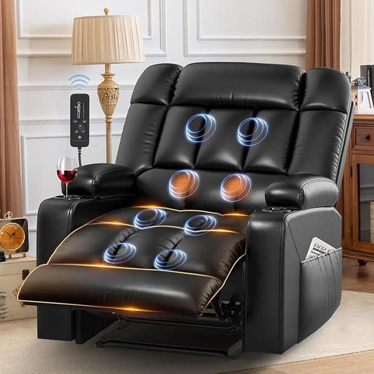 Oversized Recliner Chair with Massage & Heat, Extra Wide Seat Reclining Chair with Storage Side Pockets & Cup Holders, Clearance Big Man Recliners, Comfortable Manual Faux Leather King Chairs
