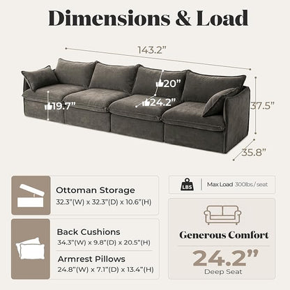 Cloud Modular Sofa, Oversized Deep Seat Comfort, Luxe Chenille | Fully Removable Washable Covers, Memory Foam Seat Cushions, Premium Fabric