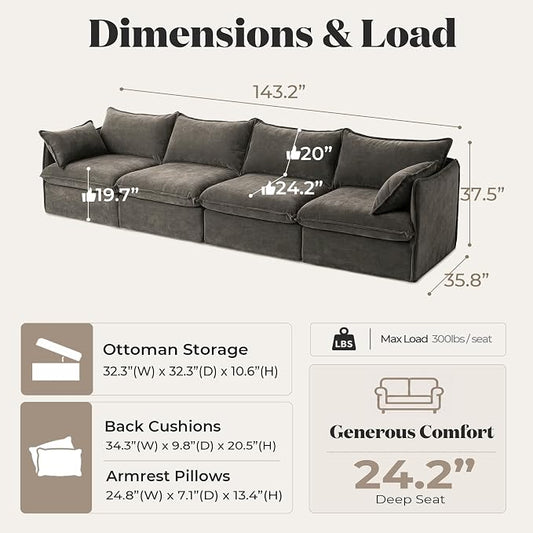 Cloud Modular Sofa, Oversized Deep Seat Comfort, Luxe Chenille | Fully Removable Washable Covers, Memory Foam Seat Cushions, Premium Fabric