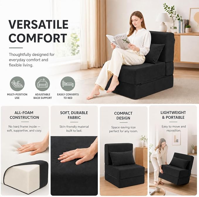 Folding Sofa Bed, Convertible Sleeper Chair with Pillow, Foldable Mattress & Back Support, Portable Floor Lounger Futon for Apartment, Dorm, Living Room, Bedroom, Grey (Black)