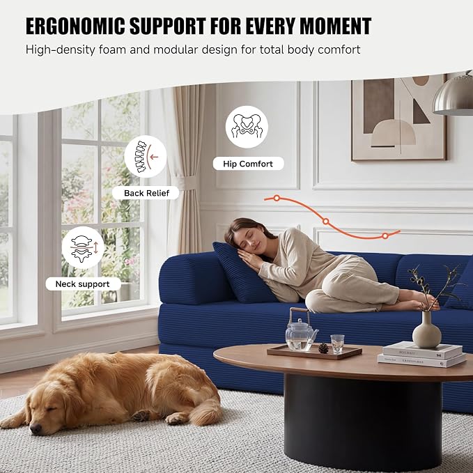 79" Convertible Sleeper Sofa Bed, Corduroy Boneless Fold-Out Couch in a Box, 4-in-1 Loveseat/Futon Couch, High-Density Foam, No Assembly, Side Pockets, 2 Pillows for Small Spaces, Blue