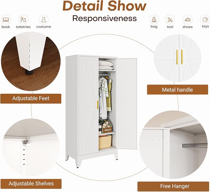 71" H Wardrobe Closet with Doors, Metal Wardrobe Cabinet with 2 Doors and 2 Adjustable Shelves, Armoire Wardrobes Closet with Hanging Rod, Closets for Bedroom, Laundry Room, White