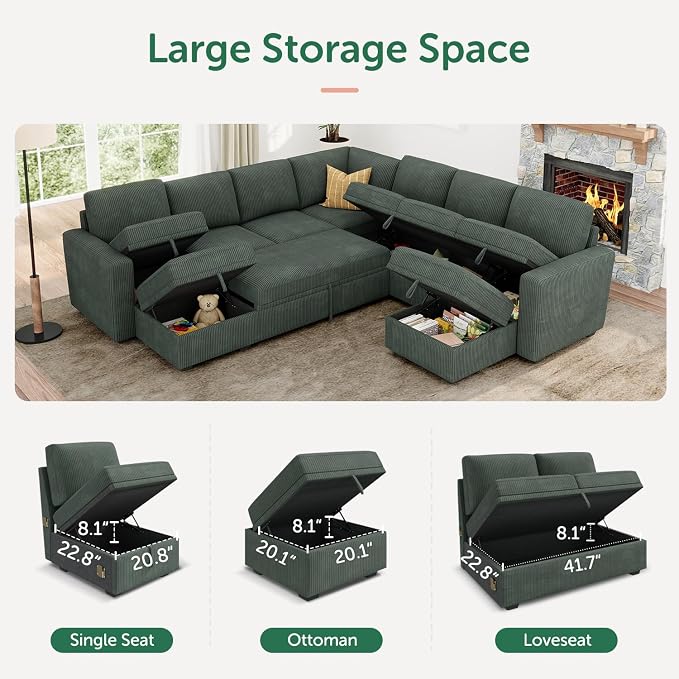 HONBAY Modular Sectional Sleeper Sofa with Pull Out Couch, Corduroy Oversized Sectional Couches Pull Out Bed with U Shaped Sleeper Storage for Living Room - Green