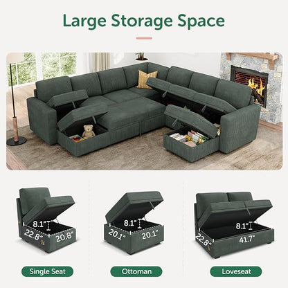 HONBAY Modular Sectional Sleeper Sofa with Pull Out Couch, Corduroy Oversized Sectional Couches Pull Out Bed with U Shaped Sleeper Storage for Living Room - Green