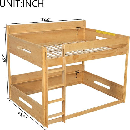Wood Bunk Bed Queen over Queen Size with Built-in Storage Shelves and USB Ports on Upper and Lower, Versatile Bunk Bed Frame with Ladder and Guardrail for Kids Teens Adult, Maximize Space (Wood-1.1)