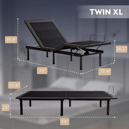 Dyonery Twin XL Adjustable Bed Base Frame with Wireless Remote + 14 Inch Twin XL Gel Memory Foam Mattress Bed in a Box, Head and Foot Incline, Zero Gravity, Fiberglass Free, 80" × 38"