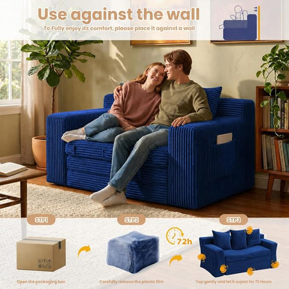 Boneless Loveseat Sofa Bed, Tri-Folding Convertible Futon Sleeper with Handle & Side Pockets, 54'' Boneless Couch with Hook and Loop No Assembly for Small Space,Living Room & Bedroom