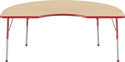 FDP Kidney Activity School and Office Table (48 x 72 inch), Standard Legs with Ball Glides for Collaborative Seating Environments, Adjustable Height 19-30 inches - Maple Top and Red Edge
